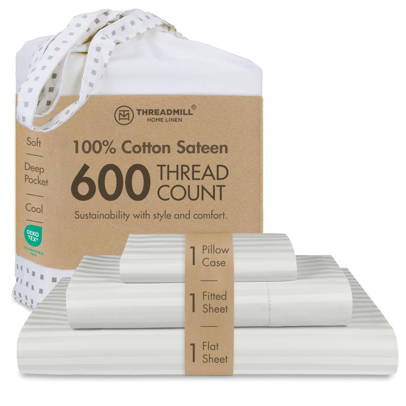 Threadmill 100% Cotton Sheets for Twin Size Bed - 600 Thread Count Twin Bed Sheets Set with 15â€ Deep Pocket - Damask Stripe Sateen Weave 3-Piece Bedding Set with Cooling Effect, Light Grey - Image 1